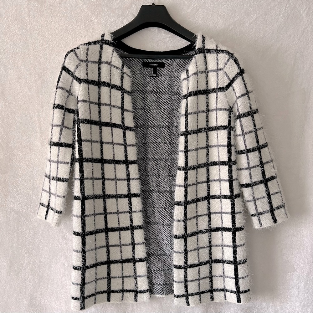 Forever21 B&W Plaid Fuzzy Cardigan *